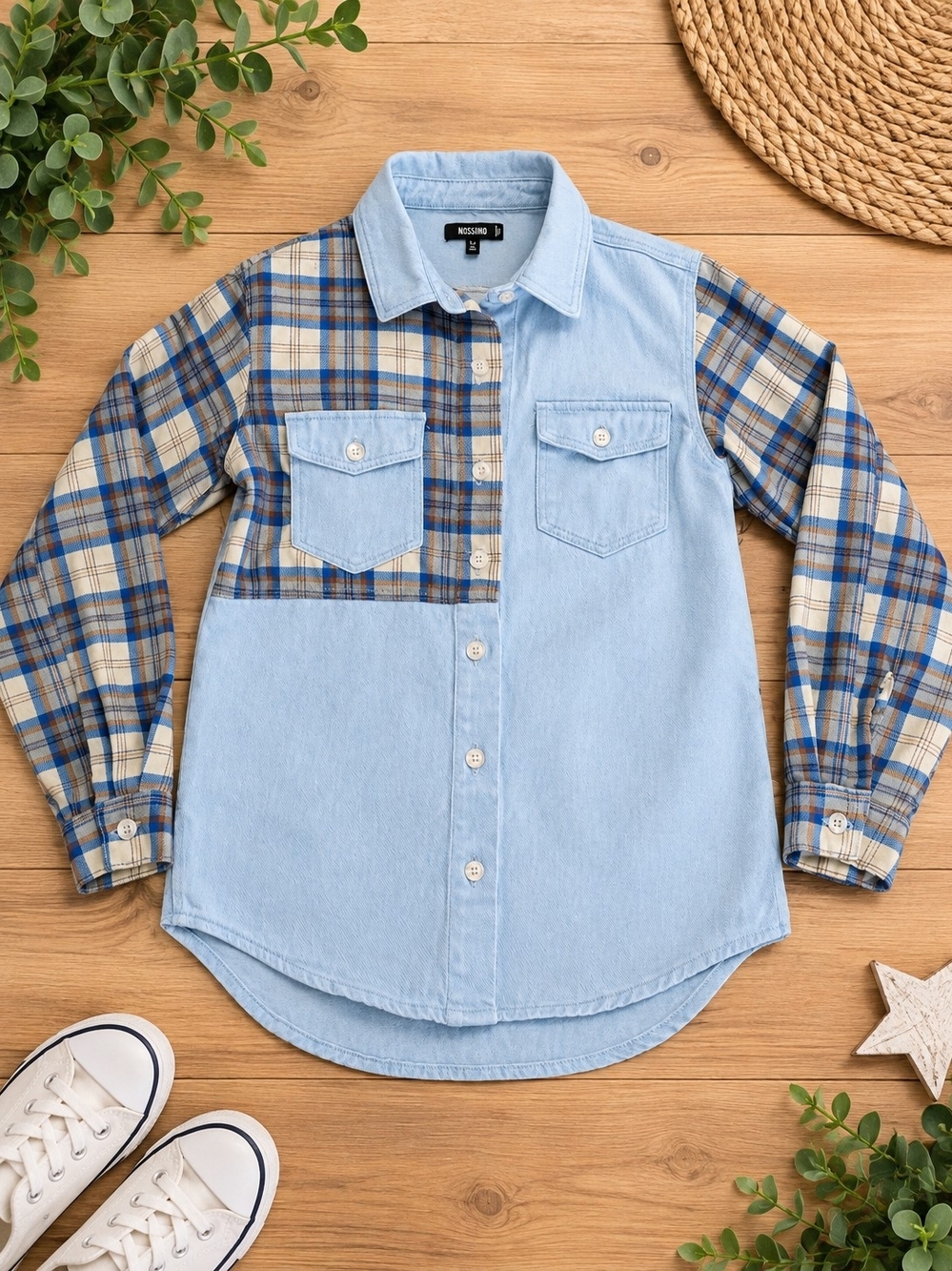MISSGUIDED Blue & Plaid Patchwork Shirt for Women, Oversized, Size XS